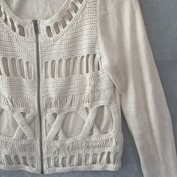 Chico’s Crochet Boho Linen Blend Knit Cardigan Cream Tan Women's Sweater Size 00 - Picture 2 of 4